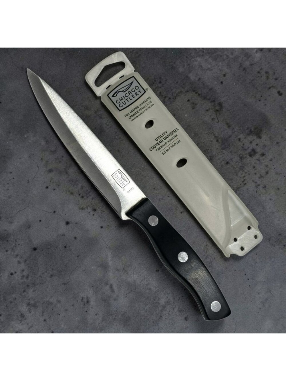 Vintage Chicago Cutlery 10" Utility Knife 5.5-In Blade Black Handle Rivets Cover